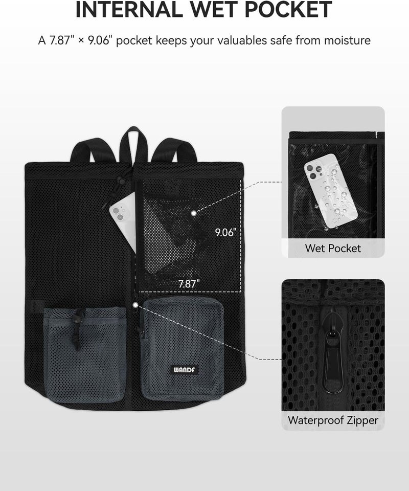 WANDF Swim Bag Mesh Drawstring Backpack with Wet Pocket Beach Bag for Swimming Pool Gym Workout Men and Women - Image 2